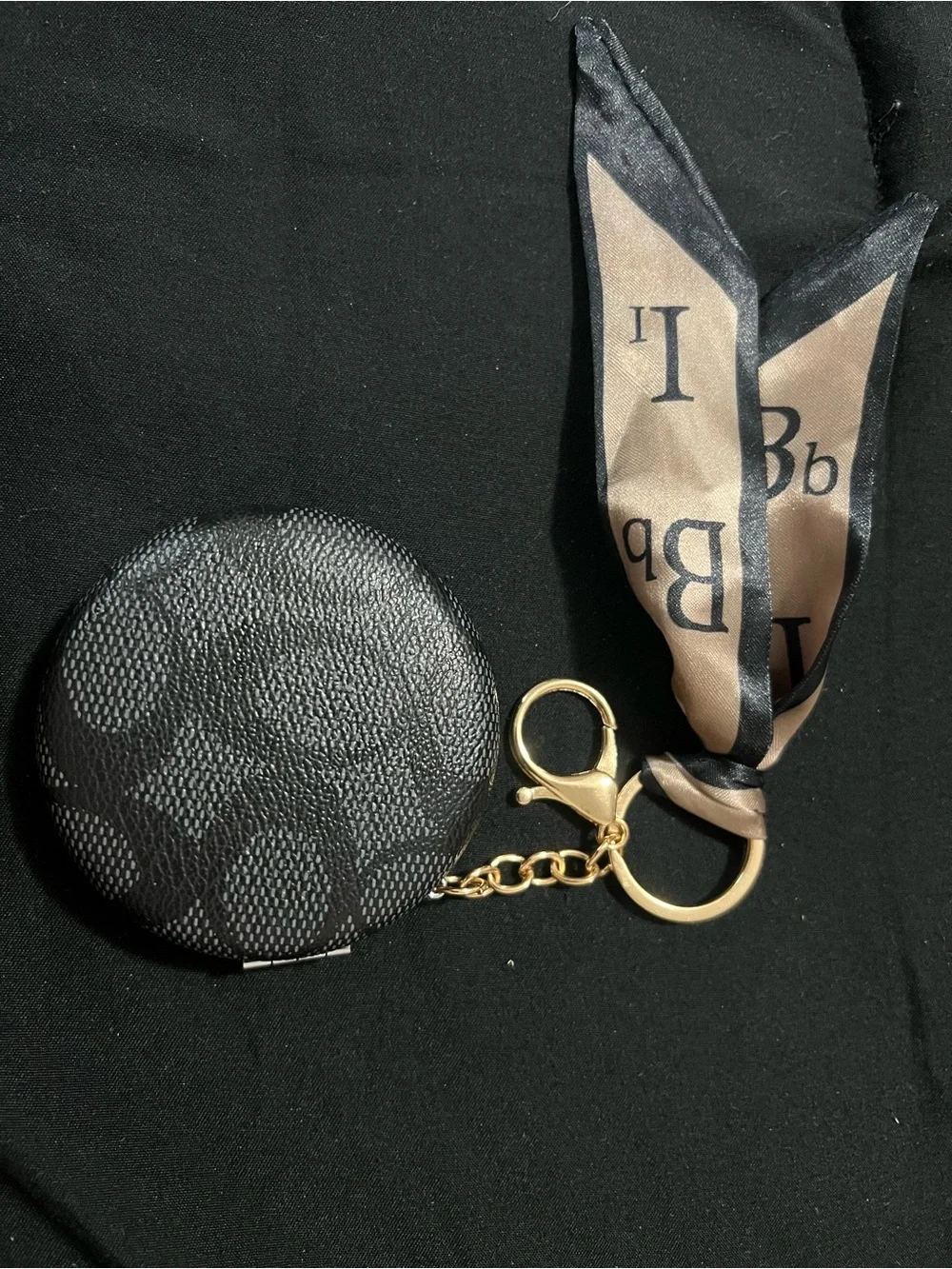 Luxury-Inspired Black Round Coin Keychain with Clasp